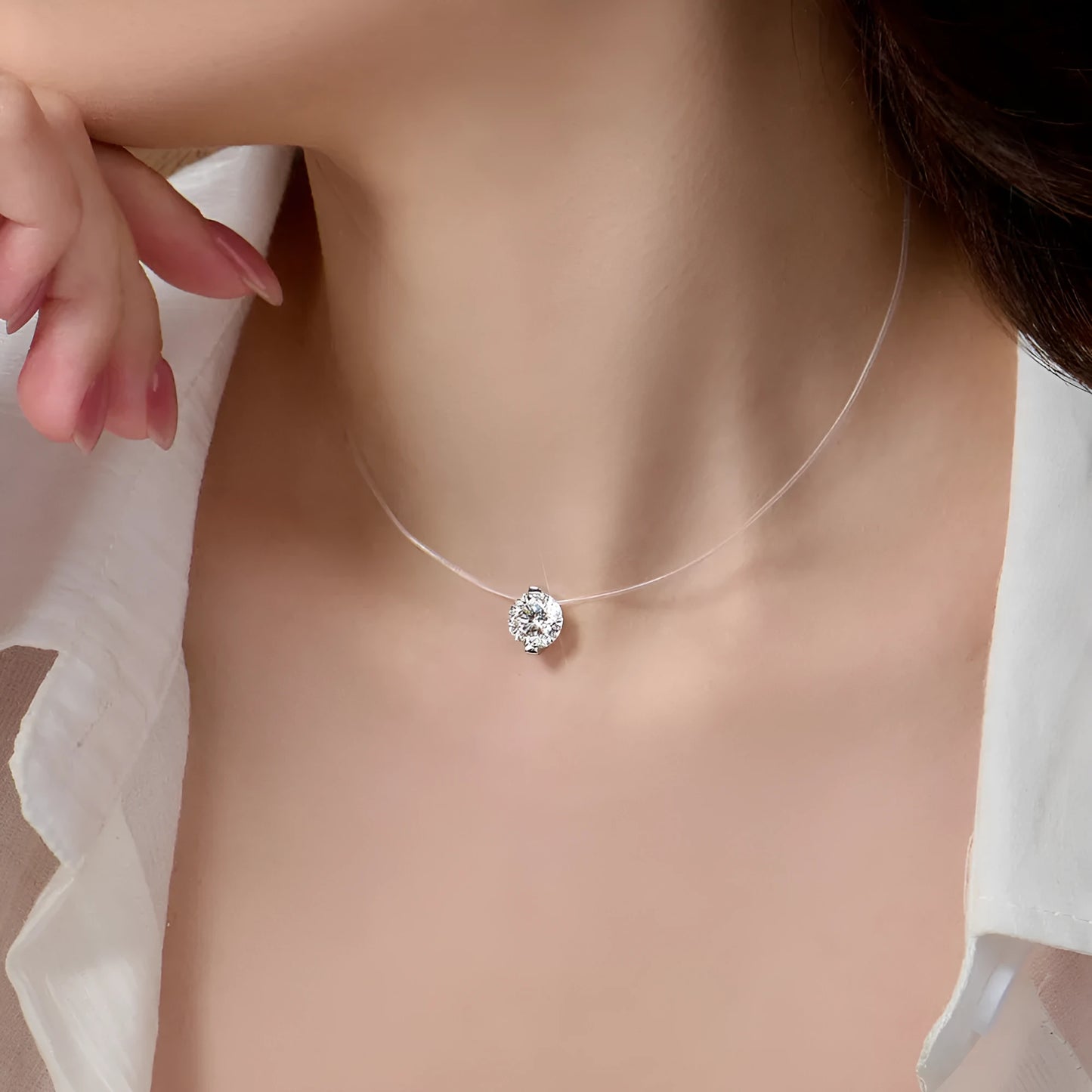 Women's moissanite clavicle chain with invisible fishing line and plum blossom design on 925 silver pendant