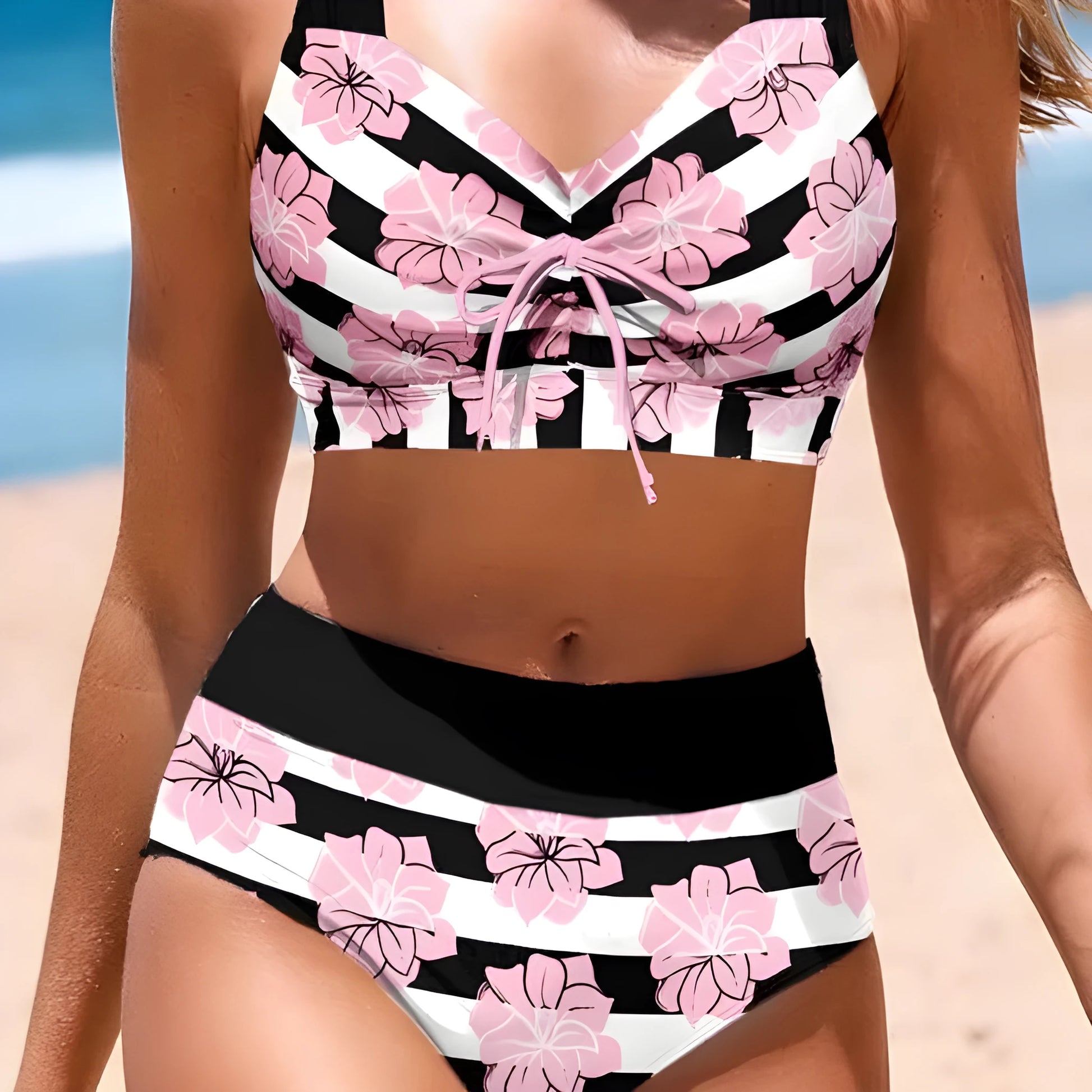 Black women's printed bikini with belly covered slimming design for swimming
