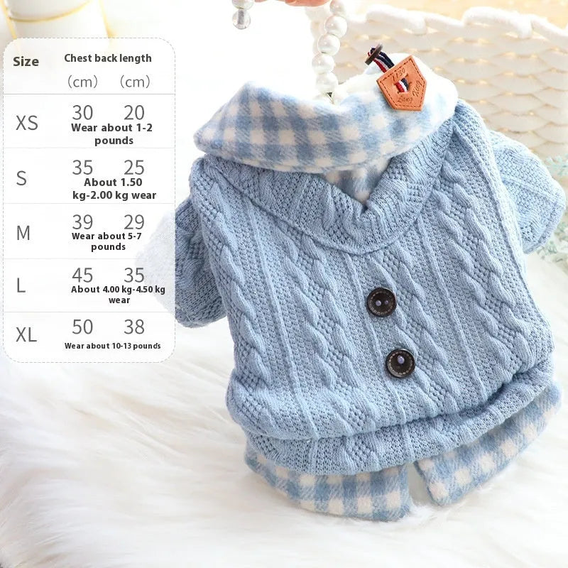 Blue wool plaid dog sweater with fleece lining showing fake two-piece design on model dog