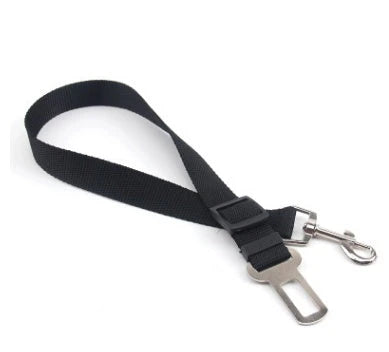 Adjustable dog seat belt with secure clip and buckle for attaching to pet harness and vehicle seatbelt