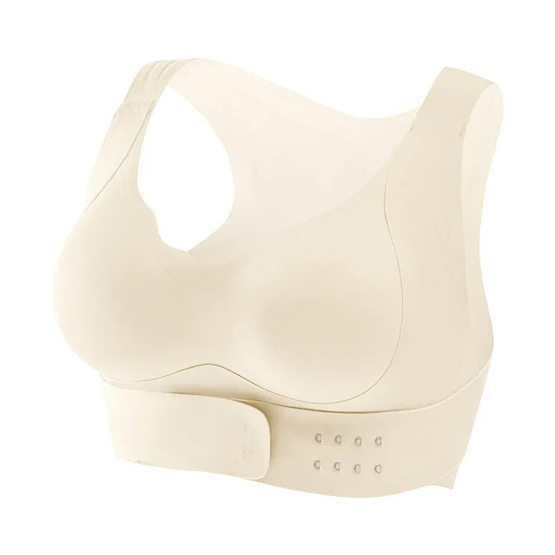 Front buckle closure on a black women's yoga bra with fixed double shoulder straps and a 3/4 cup.