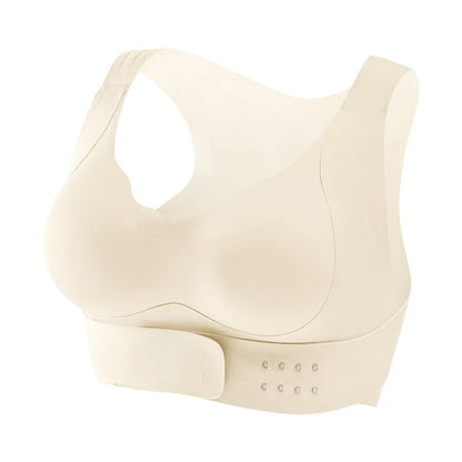 Front buckle closure on a black women's yoga bra with fixed double shoulder straps and a 3/4 cup.