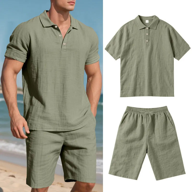Men's light blue linen-blend short sleeve shirt and matching shorts casual summer suit set