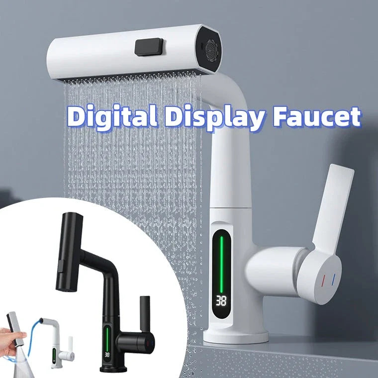 Sleek digital faucet with temperature display, 360° rotation, and pull-out hose for modern kitchen and bathroom needs