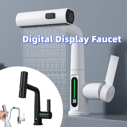Sleek digital faucet with temperature display, 360° rotation, and pull-out hose for modern kitchen and bathroom needs