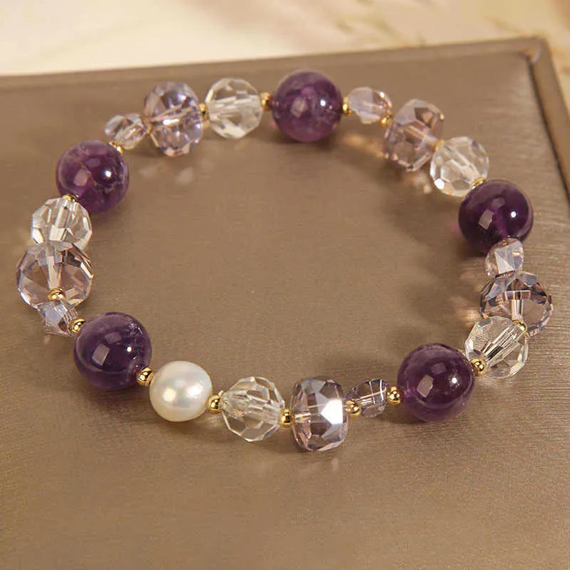 Artificial Amethyst Bracelet for Women featuring a U-shaped design with electroplating finish, pearl and four-leaf clover pendant charms, square and double round amethyst stones for an elegant couple-style accessory