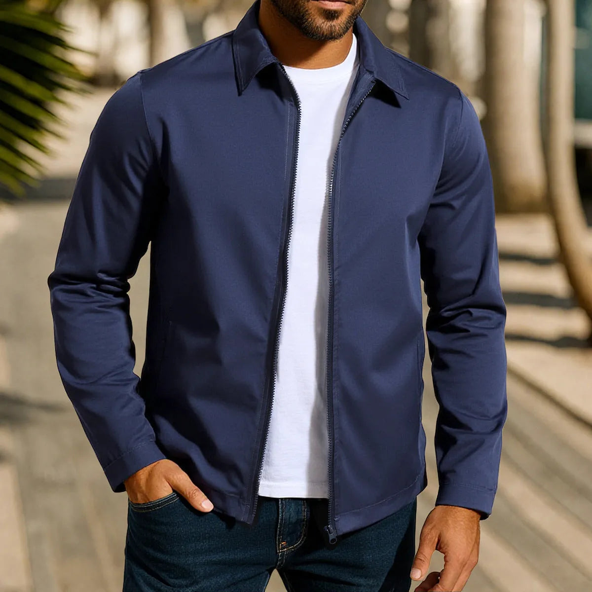 Men's green zip-up cardigan jacket with raglan sleeves on a hanger.