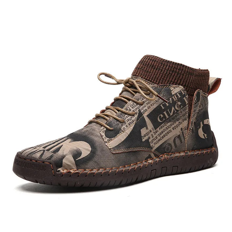 High-top canvas trainers with hand-painted pattern, rubber sole, black or khaki, sizes 39-43, winter casual shoes