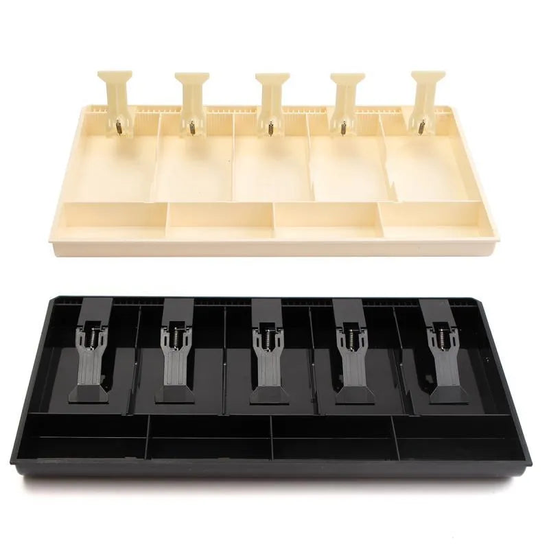 Black and white five-drawer ABS plastic cash register box for organising banknotes and coins.