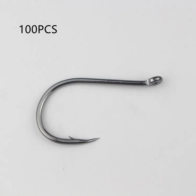 Bulk pack of barbed fishing hooks in various sizes on a blue background, showing crooked mouth and hole ring design.