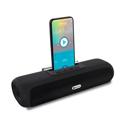 Long strip wireless desktop subwoofer speaker in black, blue, red, or silver grey colour options.