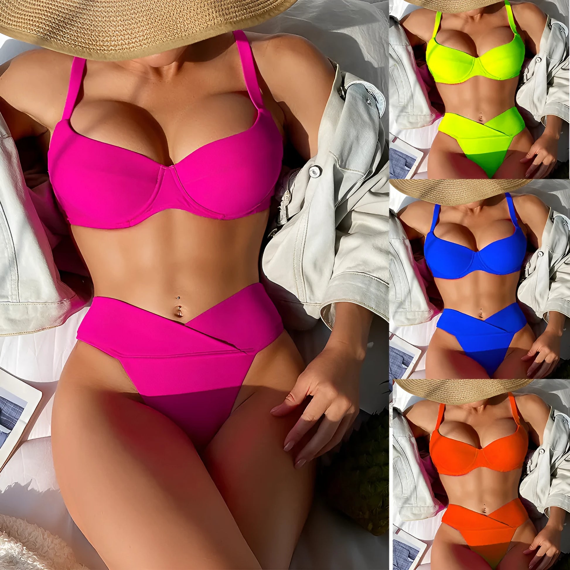 Women's solid colour split bikini swimsuit in fluorescent pink on a mannequin.