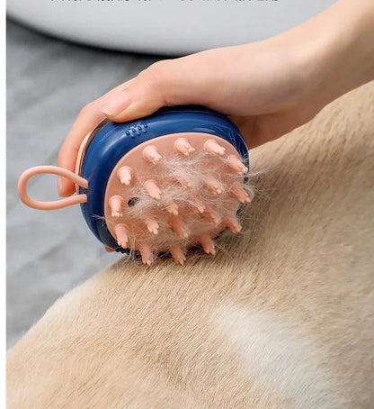 Blue and green pet bath brush with silicone bristles and a shampoo dispenser bottle in hand.