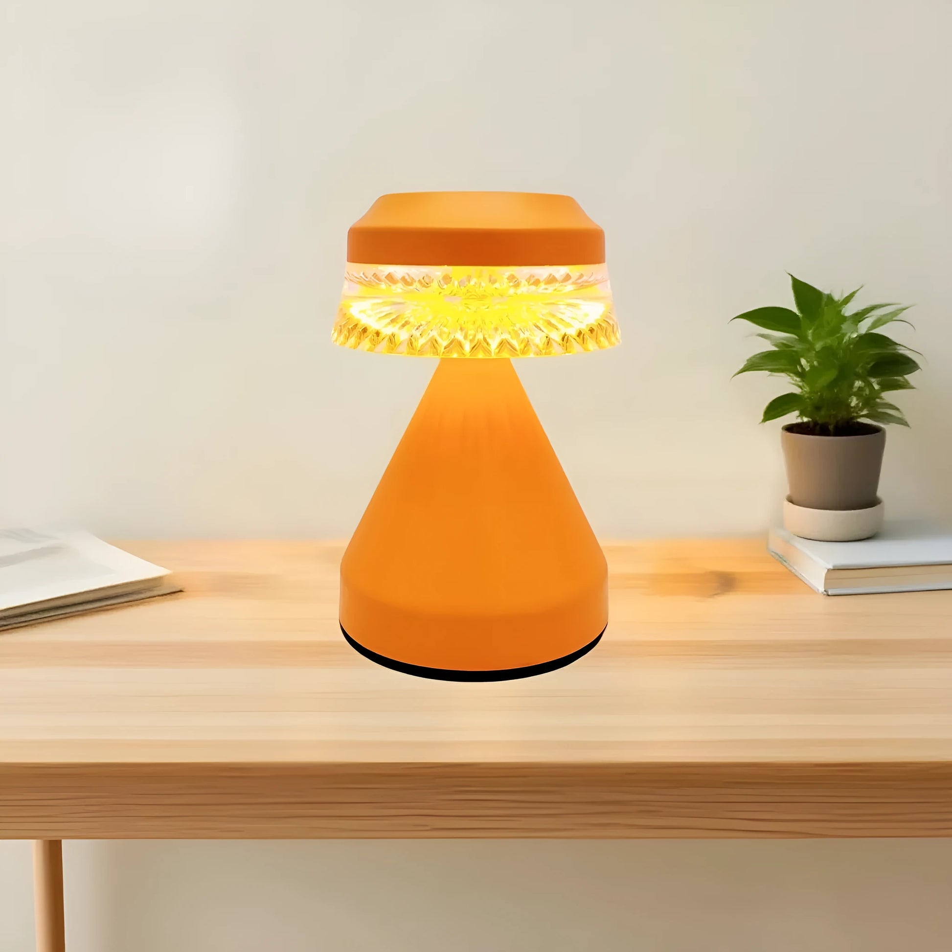 Modern bedside LED charging night light in black, brown, or orange with touch dimming.