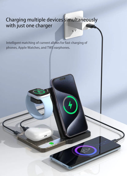 Black foldable three-in-one magnetic wireless charging stand for phone watch and AirPods on desk