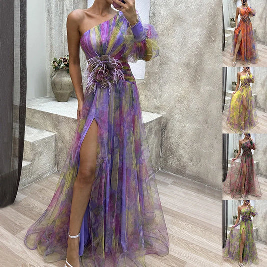 Vibrant tie-dye off-shoulder summer dress with slit for women