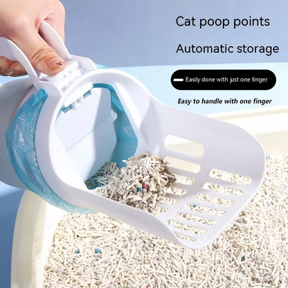 Grey, blue, or green pet litter scoop with attached waste collection bin and foldable bottom