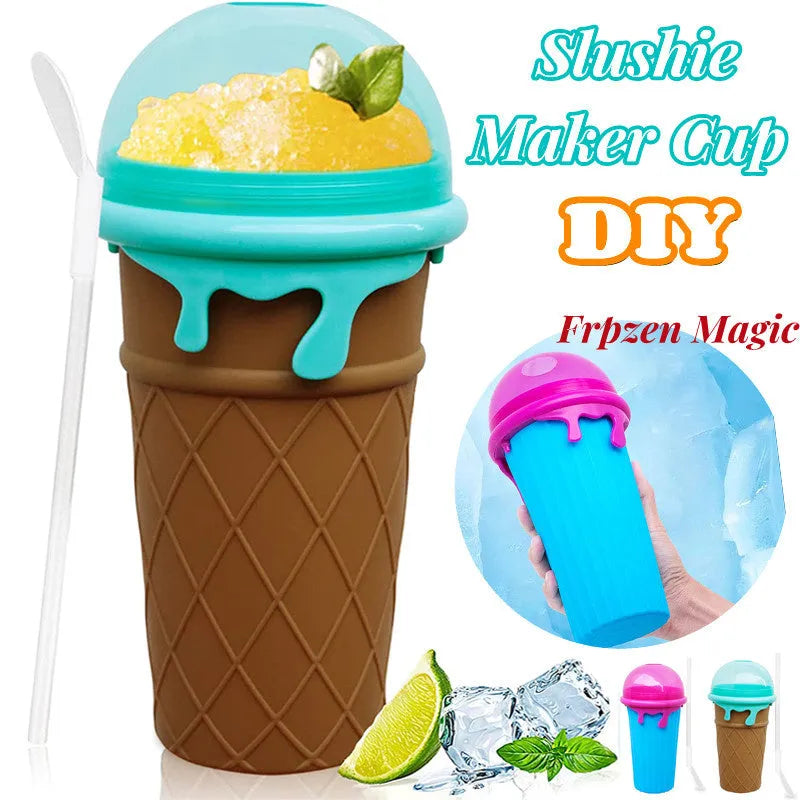 Blue 500ml slushy maker cup with squeeze bottle design for quick-frozen smoothies and homemade ice cream