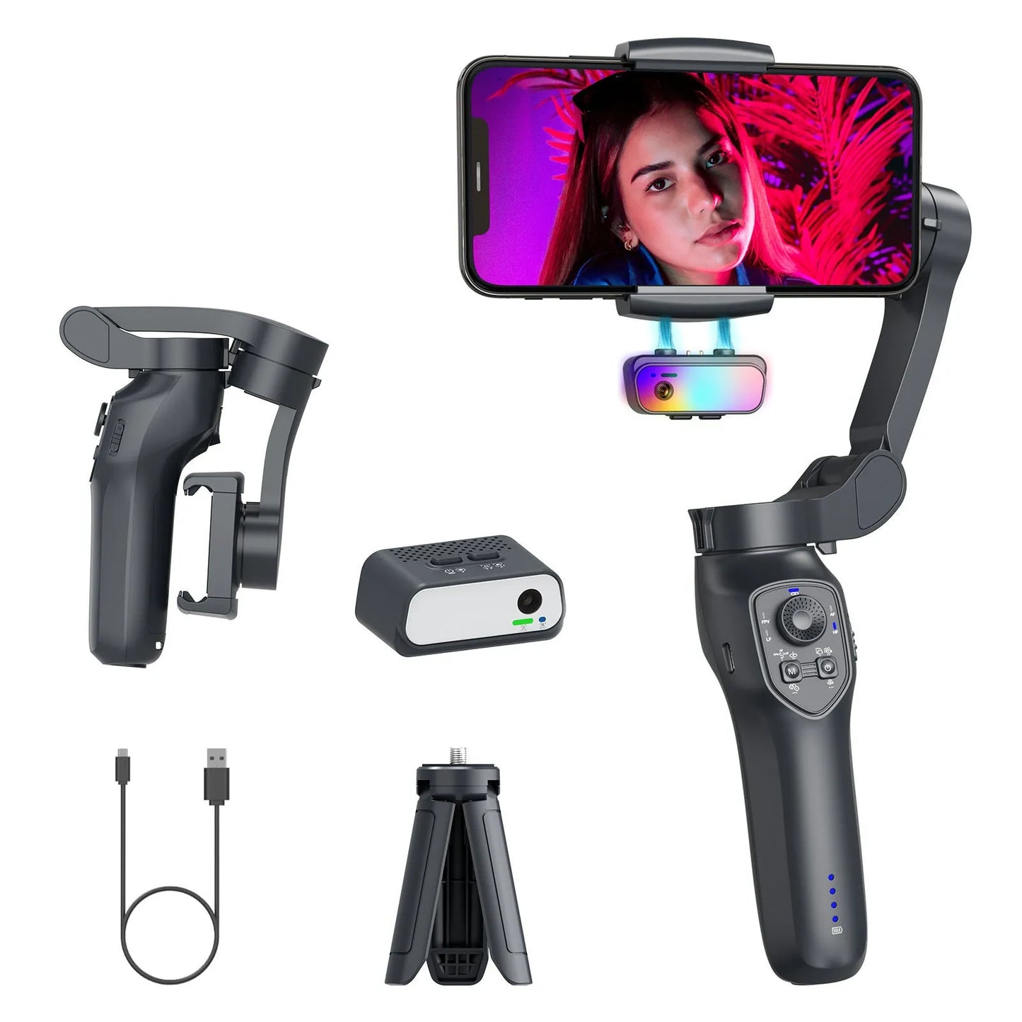 L7Cpro gun colour handheld smartphone gimbal stabiliser shown folded and extended on a table