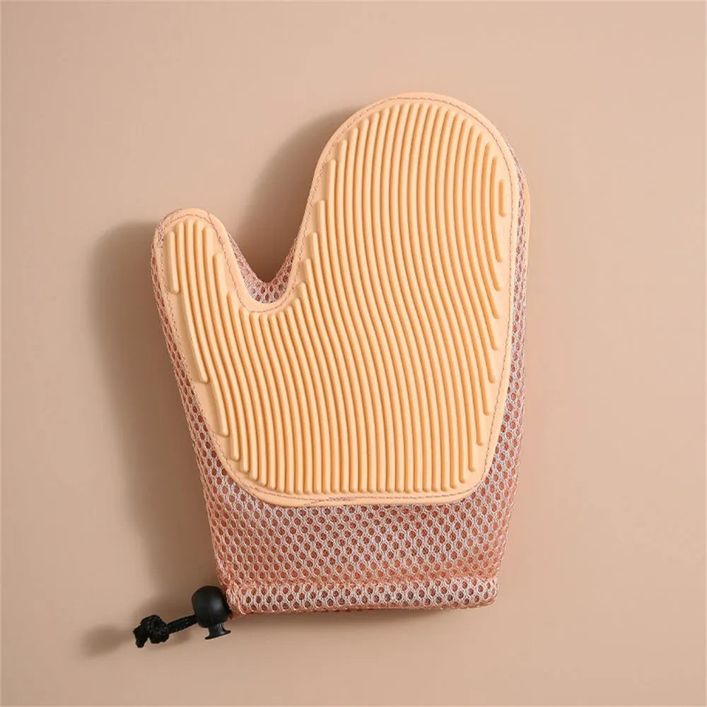Pet grooming glove for hair removal with mesh fabric surface in choice of three colours