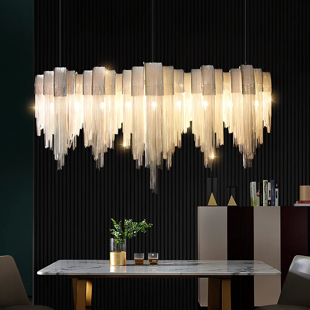 Silver Nordic tassel aluminium chain chandelier, 110cm diameter with 130cm adjustable wire and 5000K LED for living room lighting