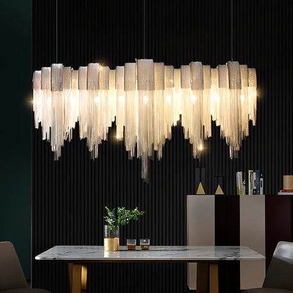 Silver Nordic tassel aluminium chain chandelier, 110cm diameter with 130cm adjustable wire and 5000K LED for living room lighting