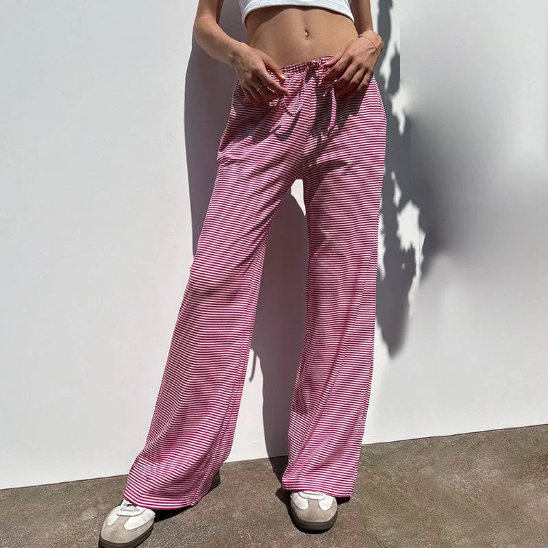 Stylish women's striped wide-leg trousers with lace-up detail in various colors