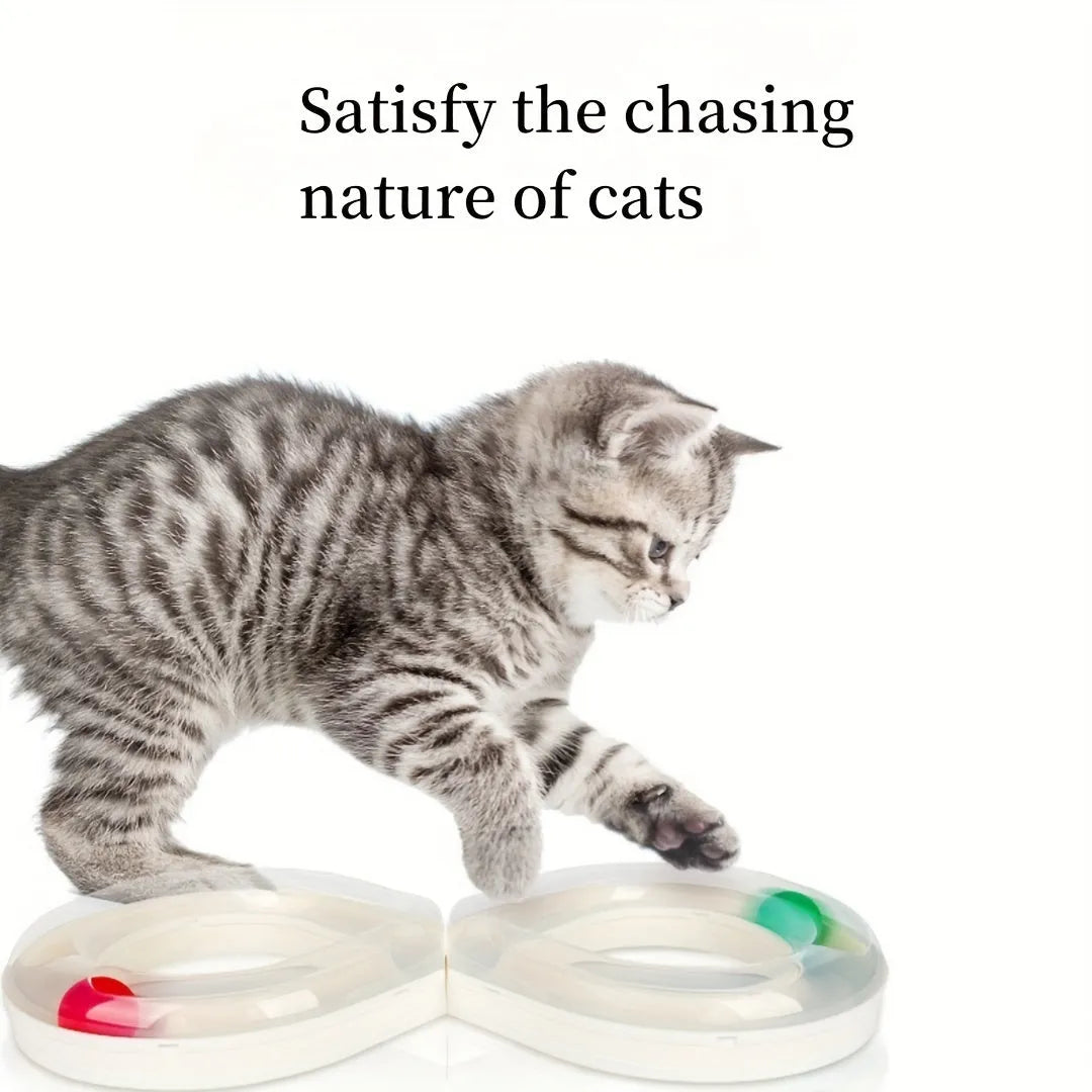 Interactive cat turntable track toy with ball system and teasing stick for feline enrichment