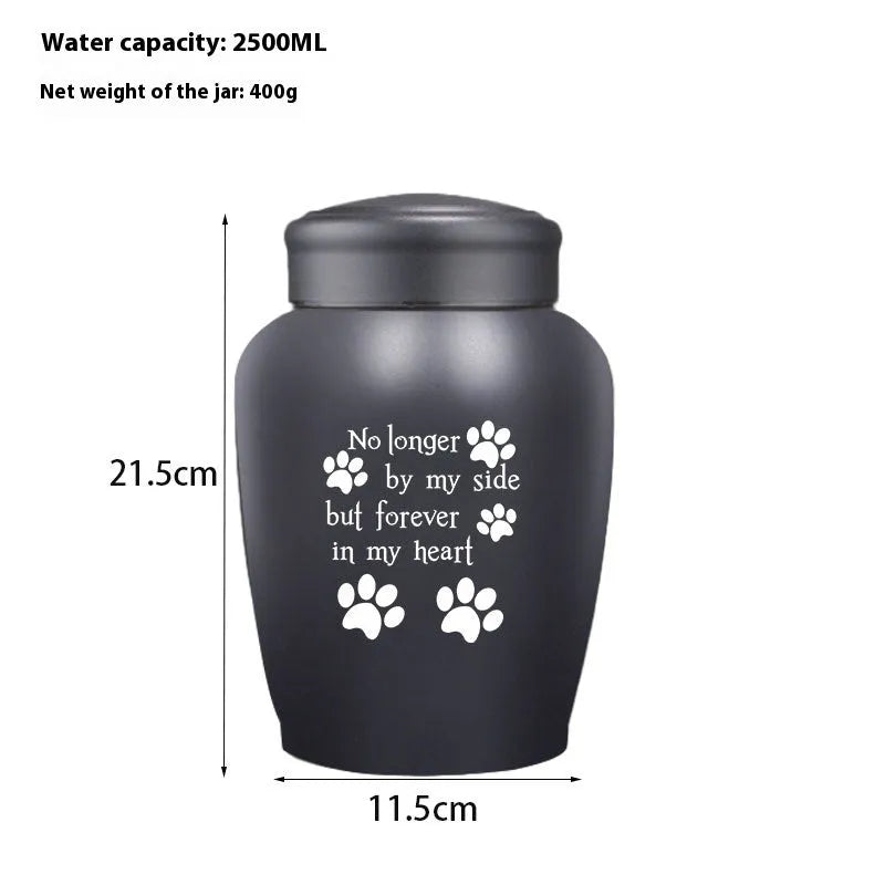 Stainless steel funerary urn with hand-painted Chinese design, large 2500ml capacity.