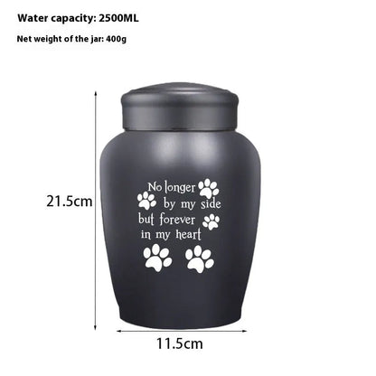 Stainless steel funerary urn with hand-painted Chinese design, large 2500ml capacity.
