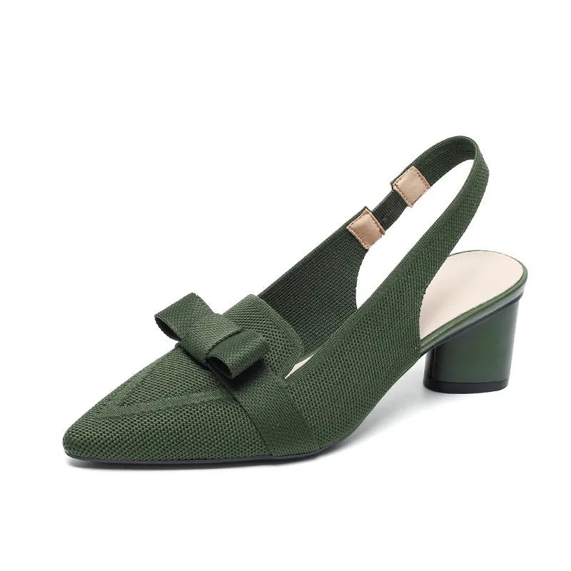 Women's closed toe high heel sandals with back strap and decorative bow in fabric uppers