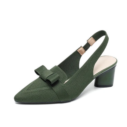 Women's closed toe high heel sandals with back strap and decorative bow in fabric uppers