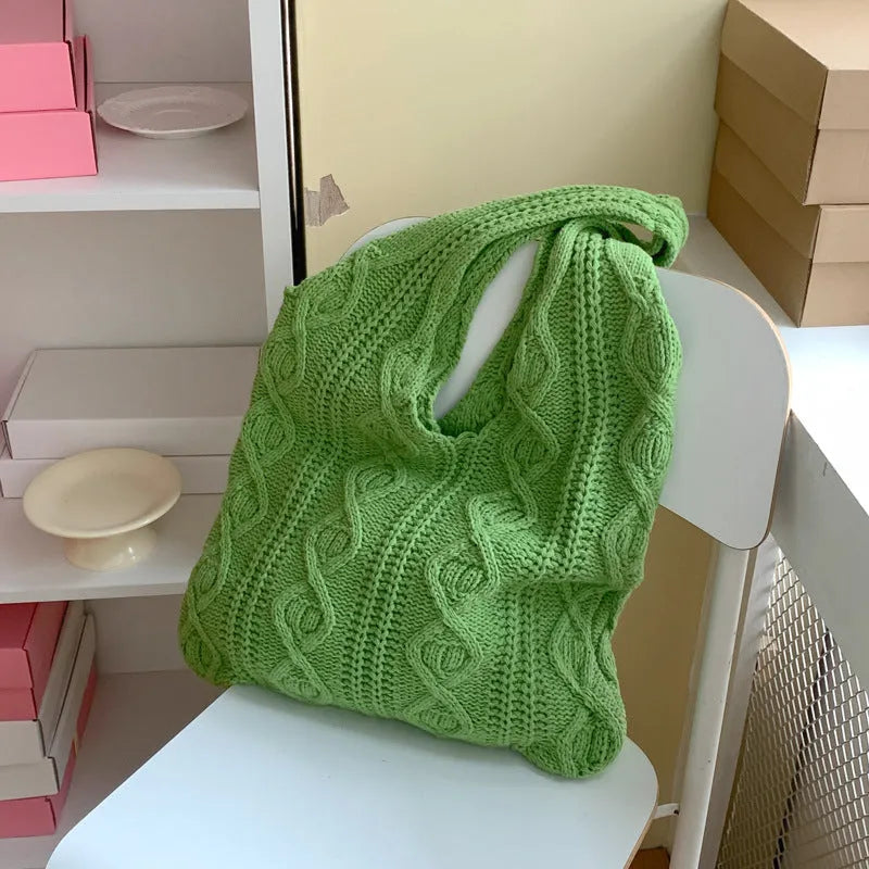 Women's retro crochet shoulder bag in hollow-knitted polyester with double straps, shown in khaki colour