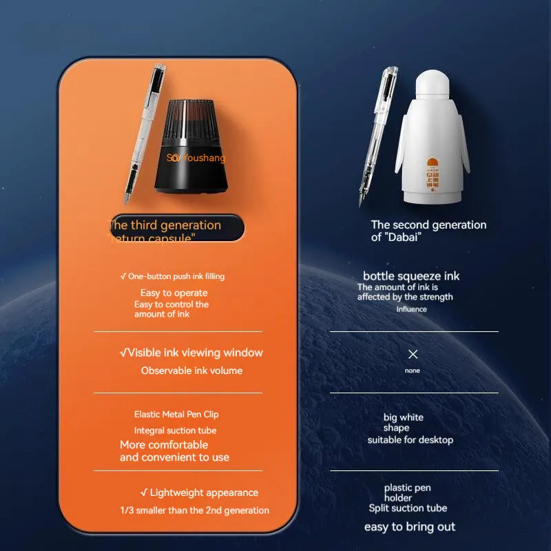 Student automatic suction pen set showing pen, ink feeder, and handbag with 0.38mm and 0.5mm nib options