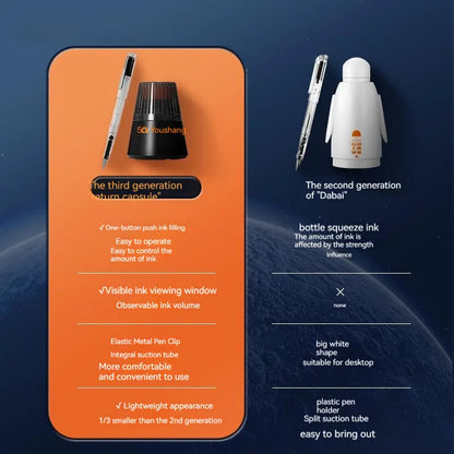 Student automatic suction pen set showing pen, ink feeder, and handbag with 0.38mm and 0.5mm nib options