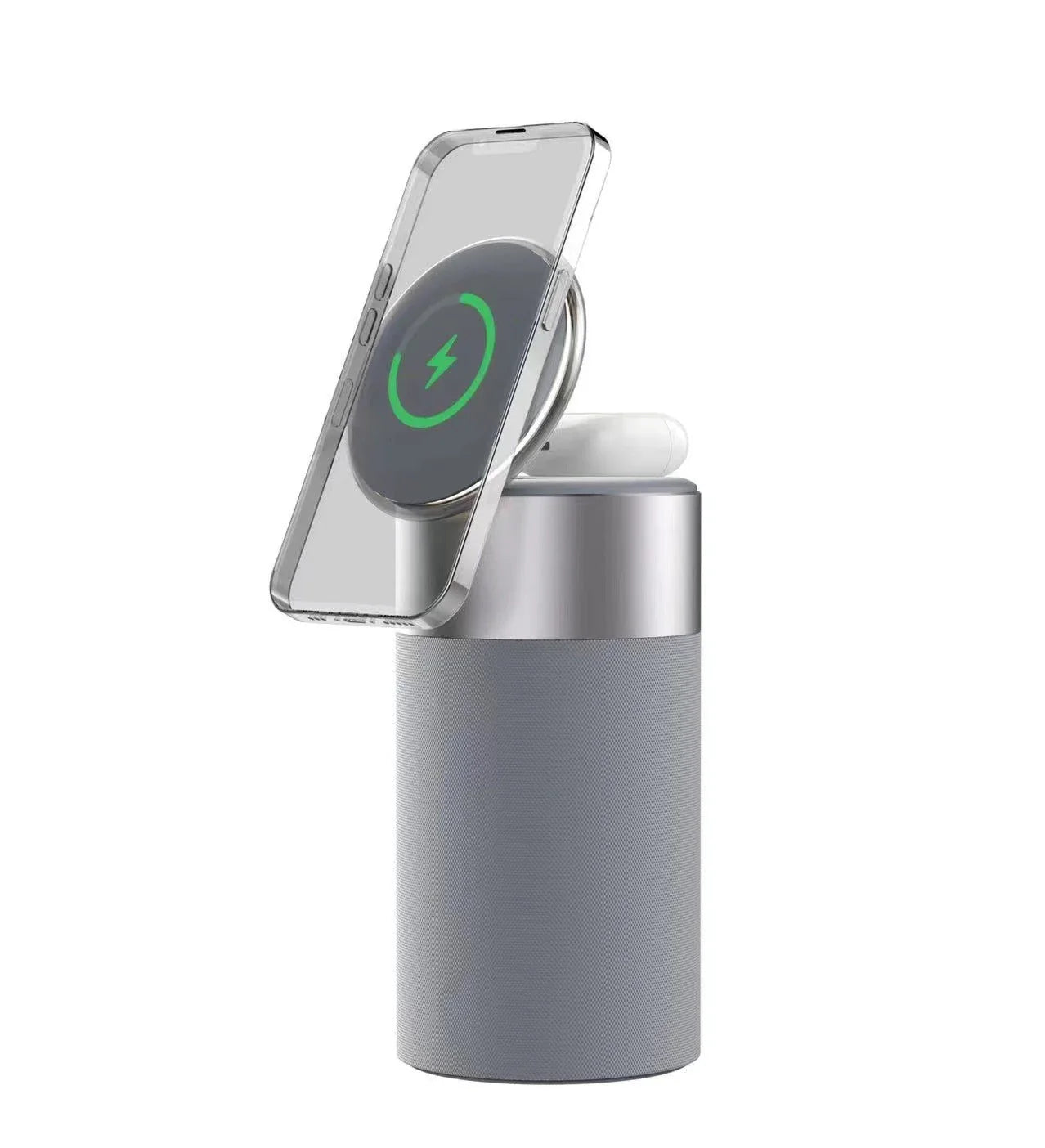 A 3-in-1 device that wirelessly charges iPhones and AirPods, plays Bluetooth audio, and has a touch-sensitive lamp