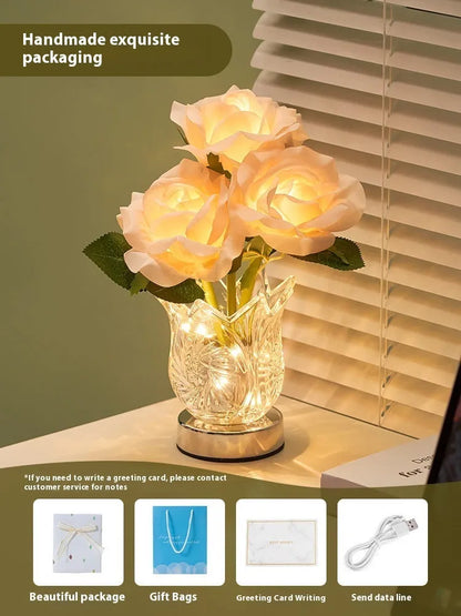 Modern crystal flowers design rechargeable touch dimming table lamp on a wooden surface.