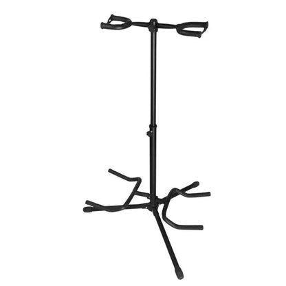 Black vertical double-headed adjustable guitar stand with protective rubber coating