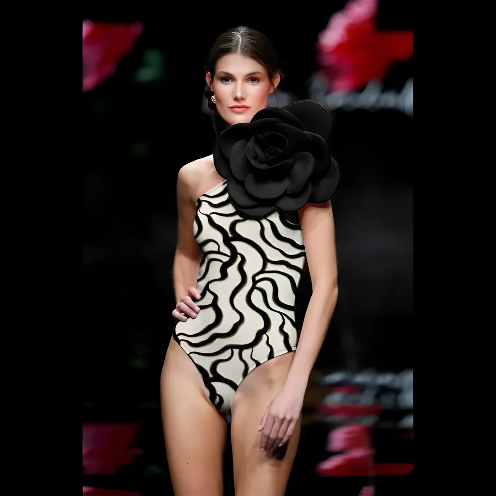 Women's one-piece swimsuit with three-dimensional flower print, tight European American fit.