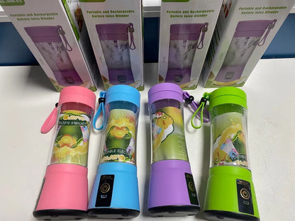 Portable USB blender with six blades in pink colour option showing cup and charging cable