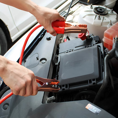 Car battery emergency kit with black and red 500A copper clamps and 2 metre cables