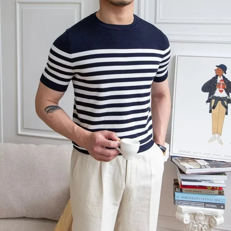 Men's striped short sleeve polyester T-shirt, pullover summer top, blue orange or white, sizes M to XXXL