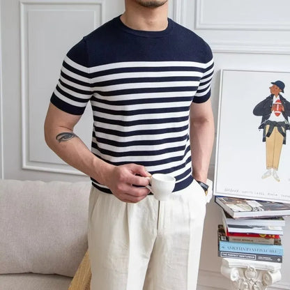 Men's striped short sleeve polyester T-shirt, pullover summer top, blue orange or white, sizes M to XXXL