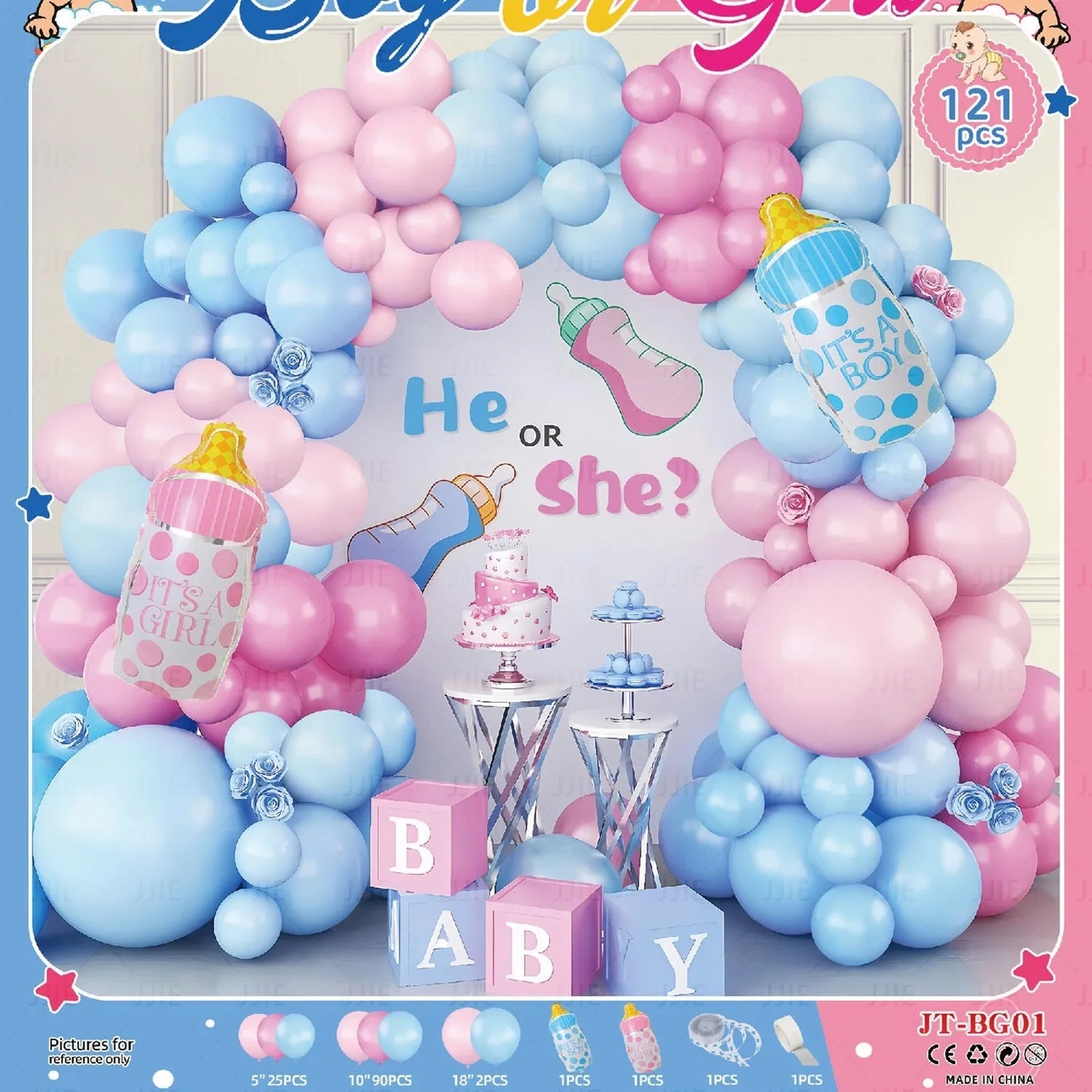 Baby gender reveal balloon decoration suit with metallic aluminium film balloons in pink and blue