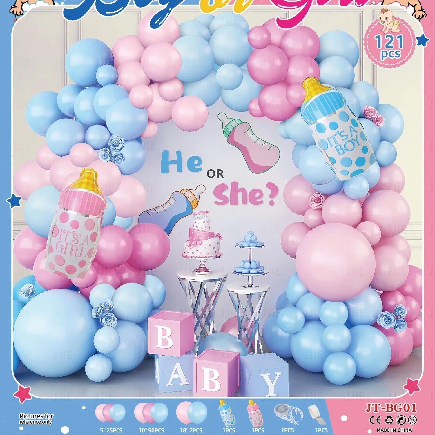 Baby gender reveal balloon decoration suit with metallic aluminium film balloons in pink and blue