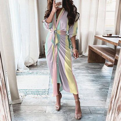 Elegant European and American printed maxi dress with long sleeves and lace-up detailing in various floral prints and colors