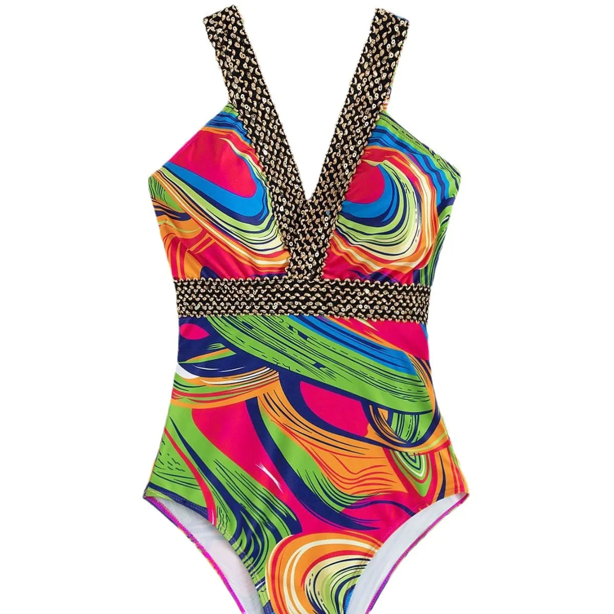 Women's deep V neck one-piece swimsuit with spaghetti straps in printed polyester fabric.