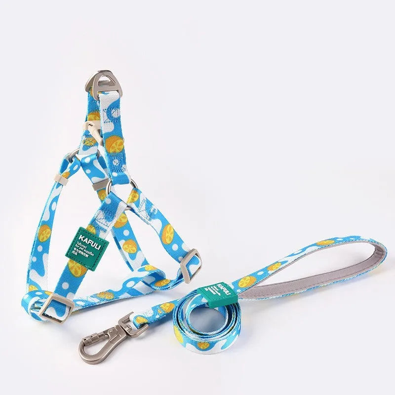 Blue polyester dog haulage vest with integrated leash set on a model, showing the chest strap and traction rope.