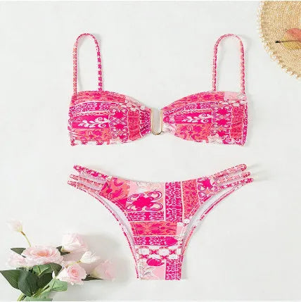 Women's floral high-waist bikini swimsuit in solid colour with matching bra and briefs