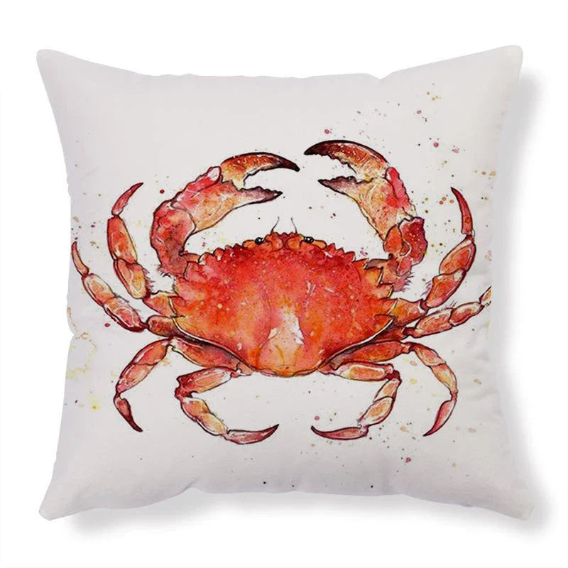 Colorful throw pillow covers featuring vibrant sea creature designs like turtles, octopuses, and seahorses printed on soft, durable linen fabric